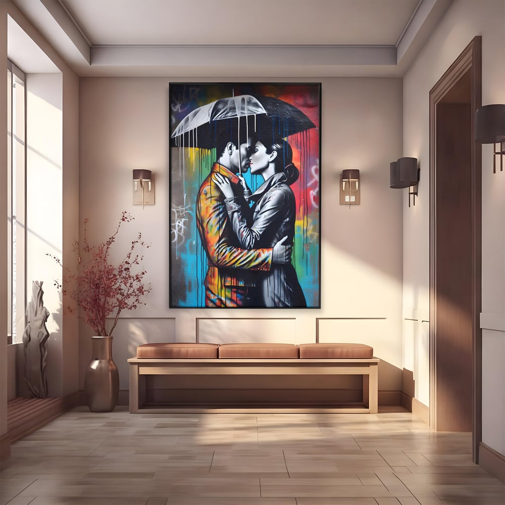 Tablou canvas cu tablou cuplu sub umbrela, in rama de aluminiu negru